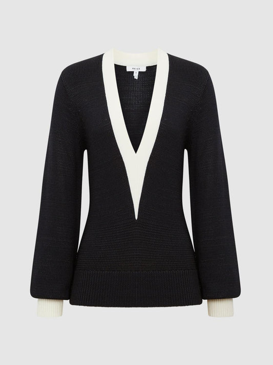 Reiss Knitwear | Talitha Contrast Trim Knitted Jumper Black - Women