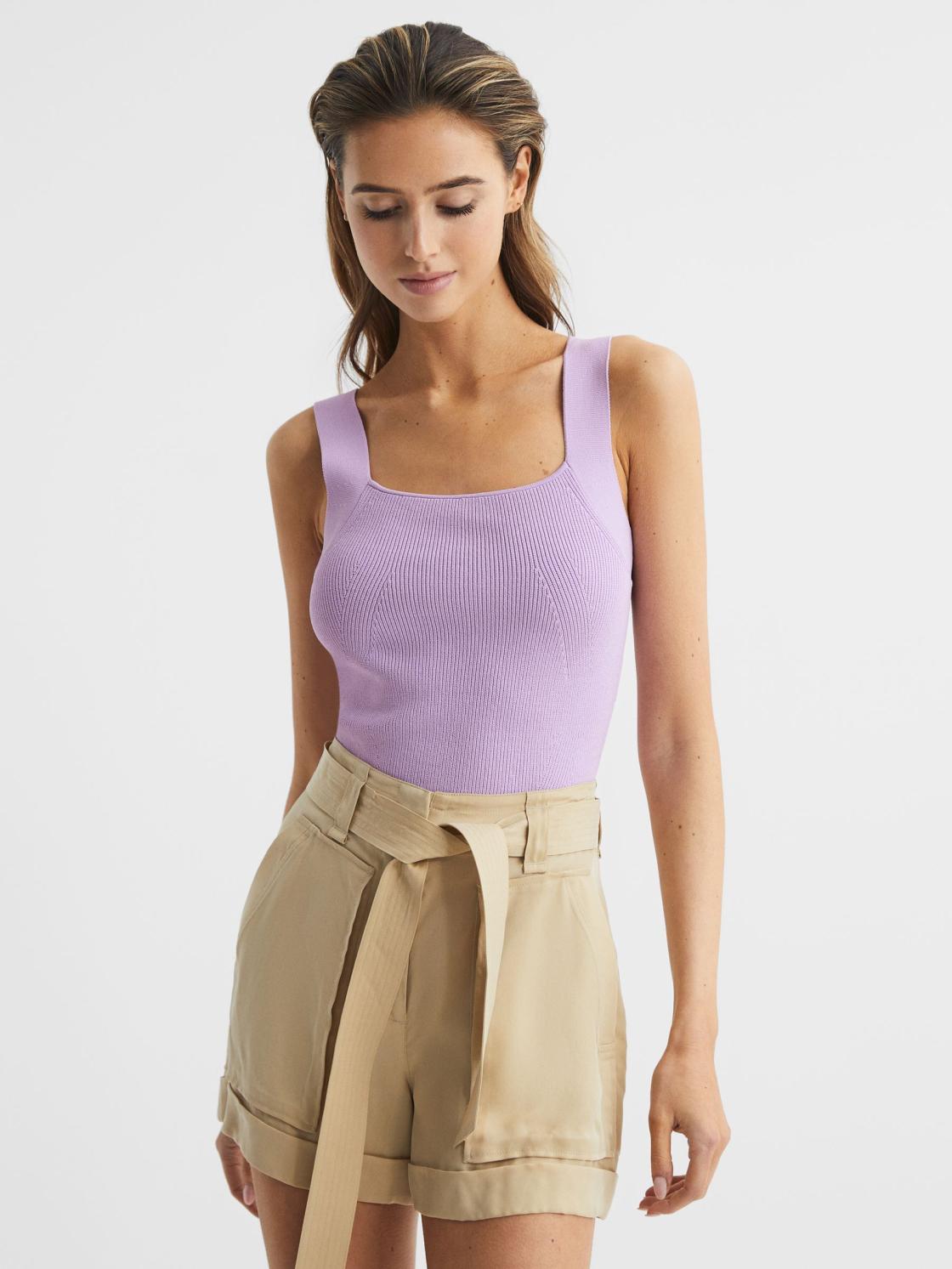 Reiss Knitwear | Tamara Square Neck Ribbed Vest Lilac - Women
