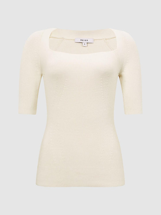 Reiss Knitwear | Tina Square Neck Ribbed Top Cream - Women