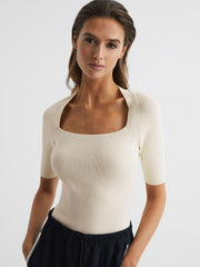 Reiss Knitwear | Tina Square Neck Ribbed Top Cream - Women