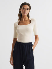 Reiss Knitwear | Tina Square Neck Ribbed Top Cream - Women
