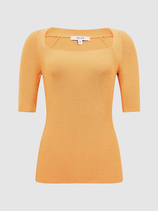 Reiss Knitwear | Tina Square Neck Ribbed Top Orange - Women