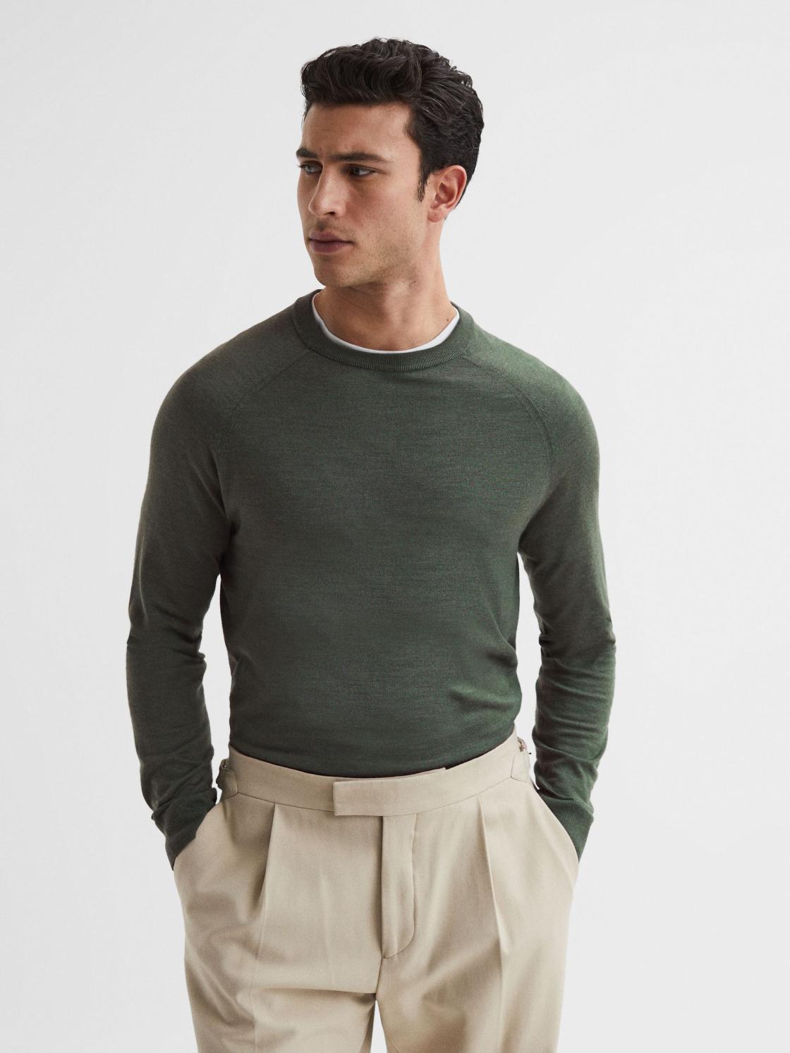Reiss Knitwear | Tinto Merino Silk Knitted Jumper Sage - Men