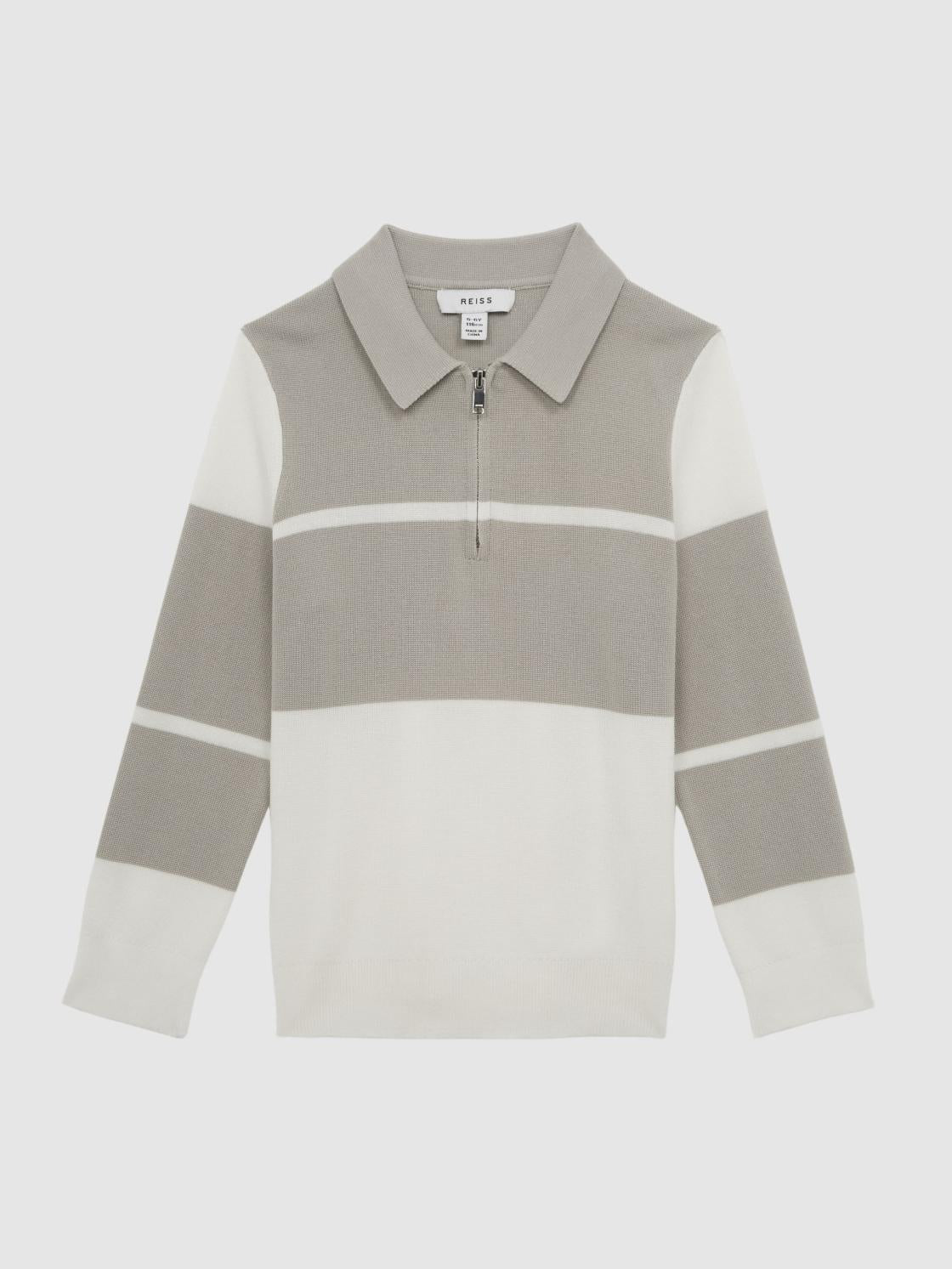 Reiss Knitwear | Tokyo Slim Fit Colourblock Half Zip Shirt Soft Grey/white - Children