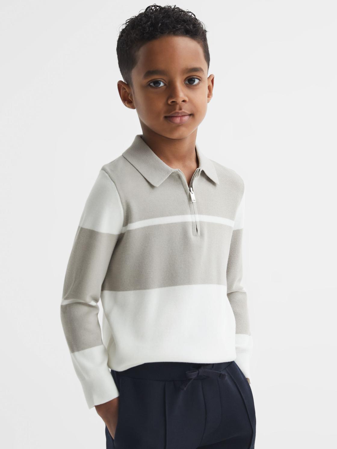 Reiss Knitwear | Tokyo Slim Fit Colourblock Half Zip Shirt Soft Grey/white - Children