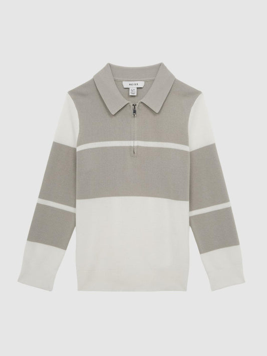 Reiss Knitwear | Tokyo Slim Fit Colourblock Half Zip Shirt Soft Grey/white - Children