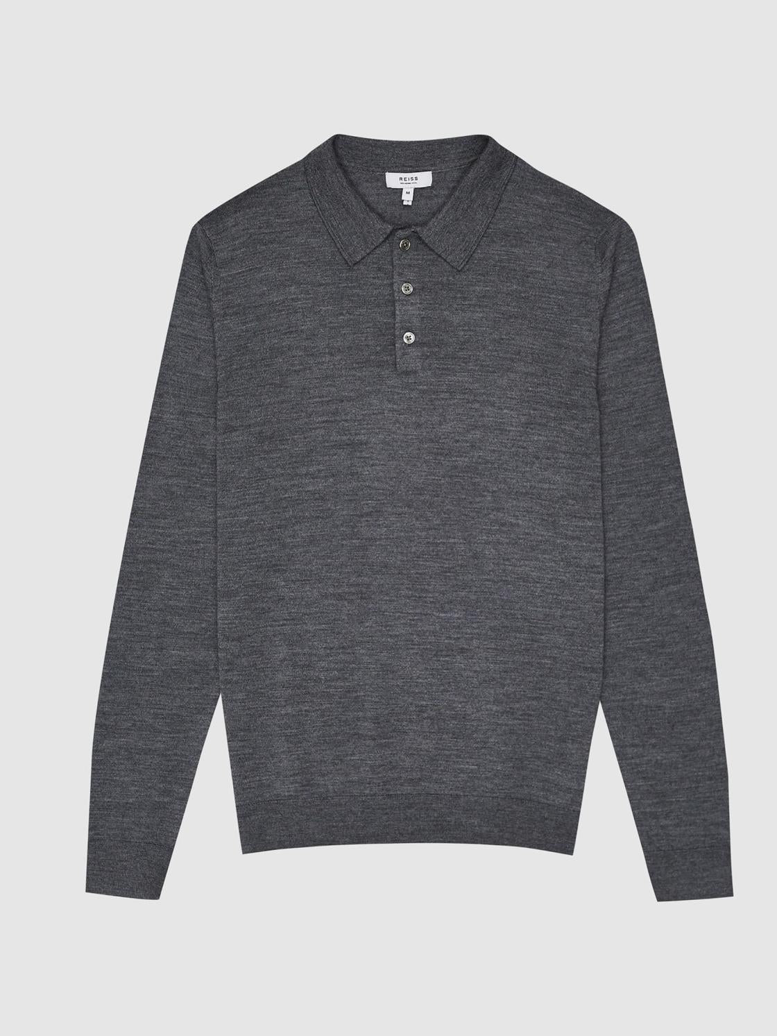 Reiss Knitwear | Trafford Merino Wool Polo Shirt Mid Grey Melange - Men