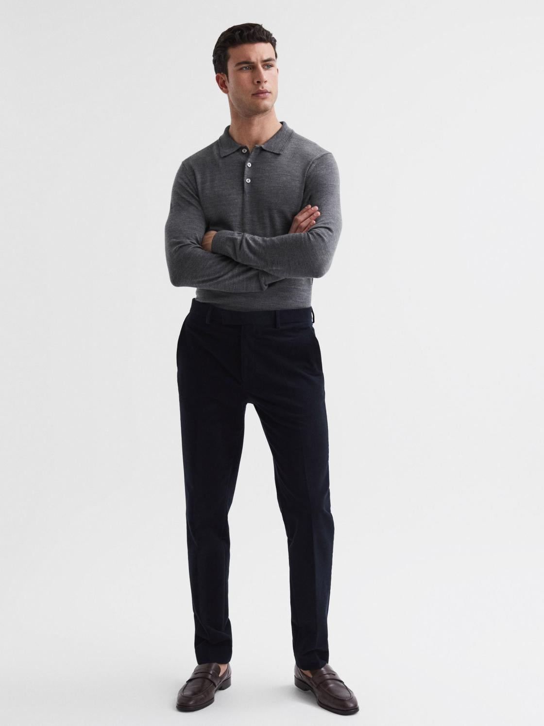 Reiss Knitwear | Trafford Merino Wool Polo Shirt Mid Grey Melange - Men