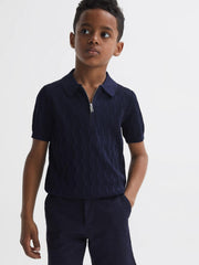 Reiss Knitwear | Ubud Half-Zip Textured Polo T-Shirt Green - Children
