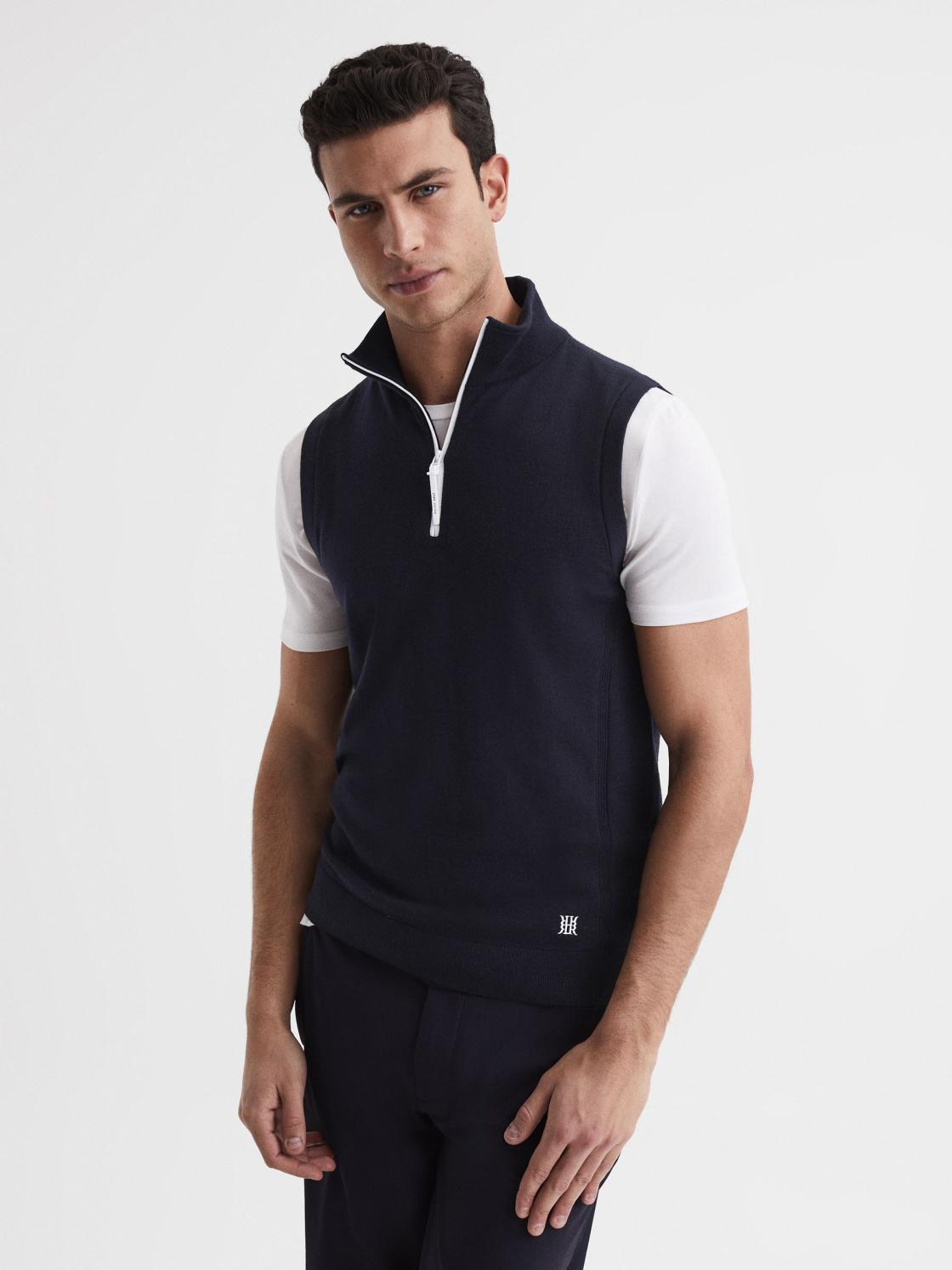 Reiss Knitwear | Wedge Golf Merino Sleeveless Half-Zip Jumper Navy - Men