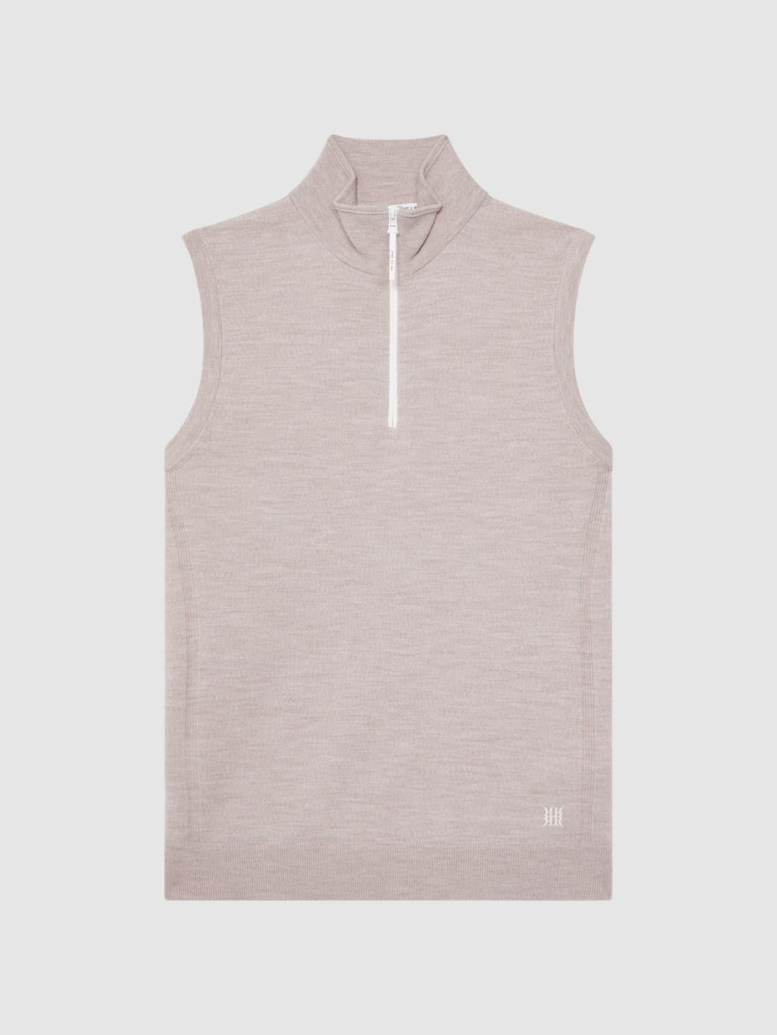 Reiss Knitwear | Wedge Golf Merino Sleeveless Half-Zip Jumper Stone Melange - Men