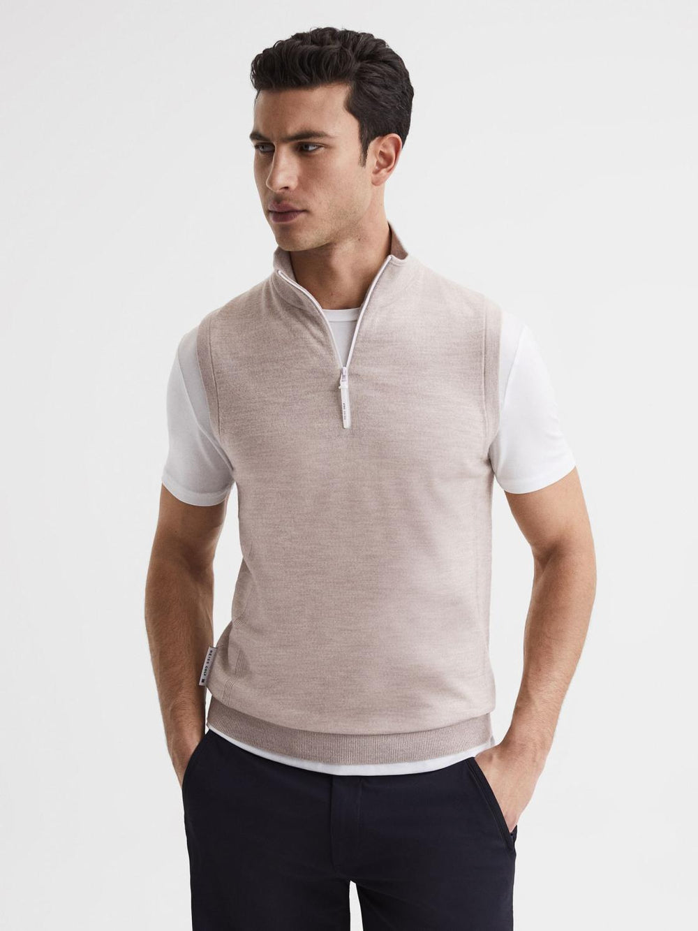 Reiss Knitwear | Wedge Golf Merino Sleeveless Half-Zip Jumper Stone Melange - Men