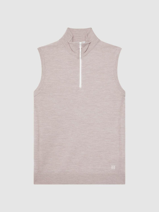 Reiss Knitwear | Wedge Golf Merino Sleeveless Half-Zip Jumper Stone Melange - Men