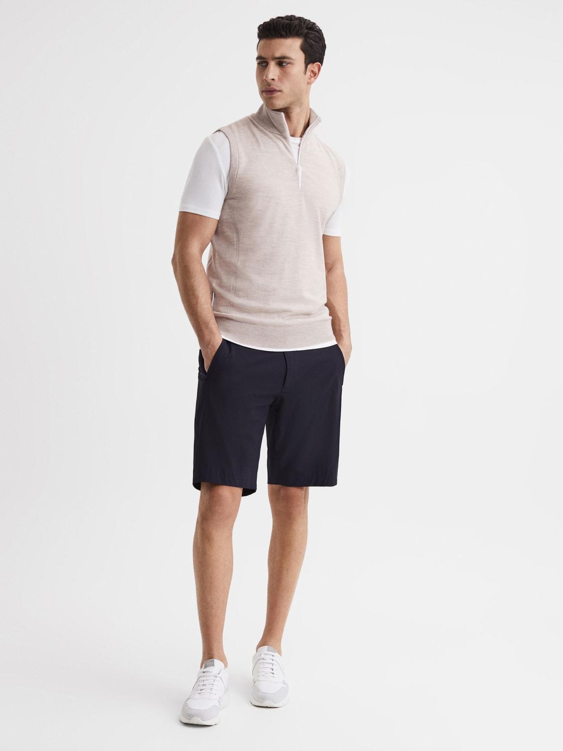 Reiss Knitwear | Wedge Golf Merino Sleeveless Half-Zip Jumper Stone Melange - Men