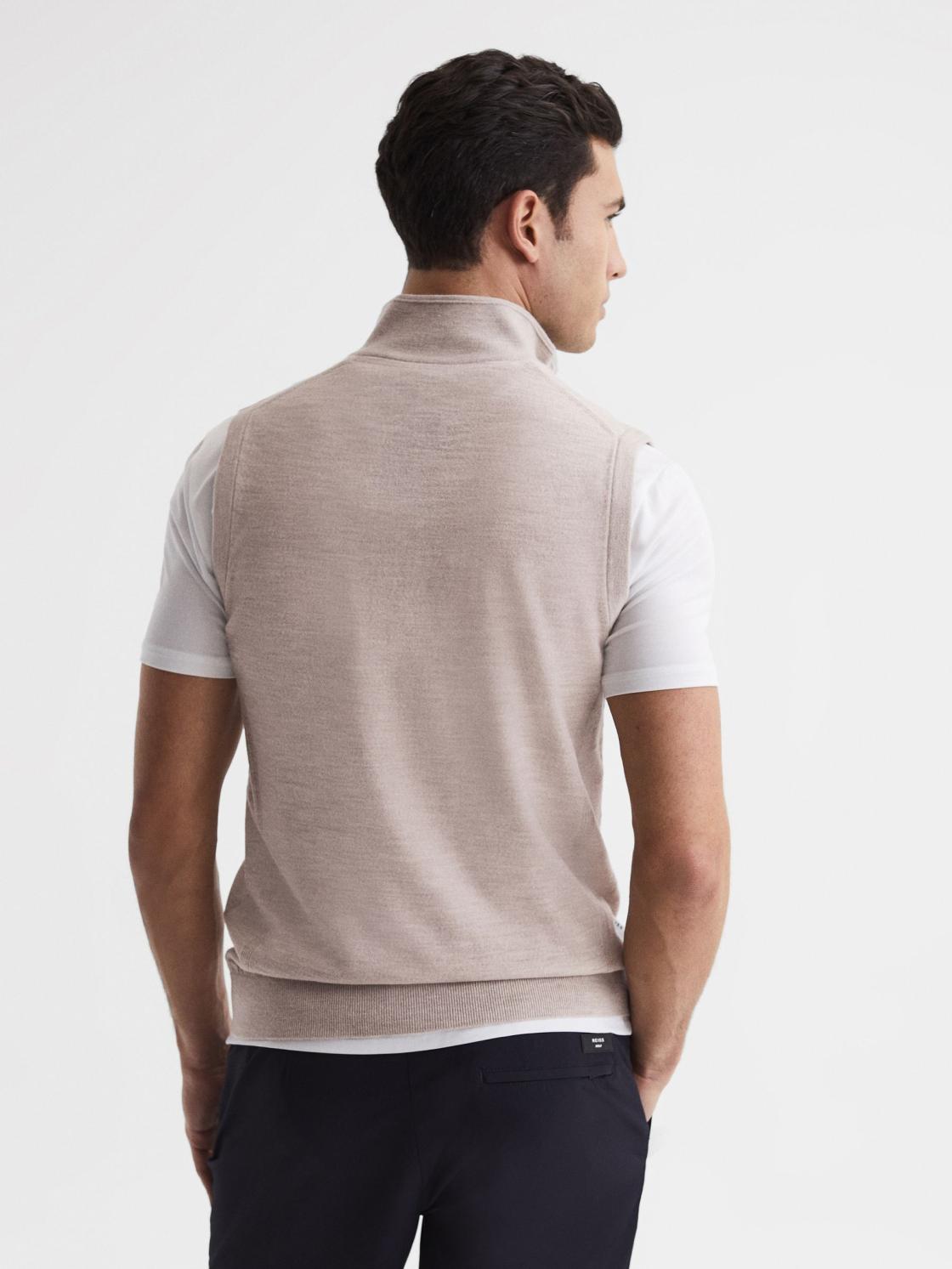 Reiss Knitwear | Wedge Golf Merino Sleeveless Half-Zip Jumper Stone Melange - Men