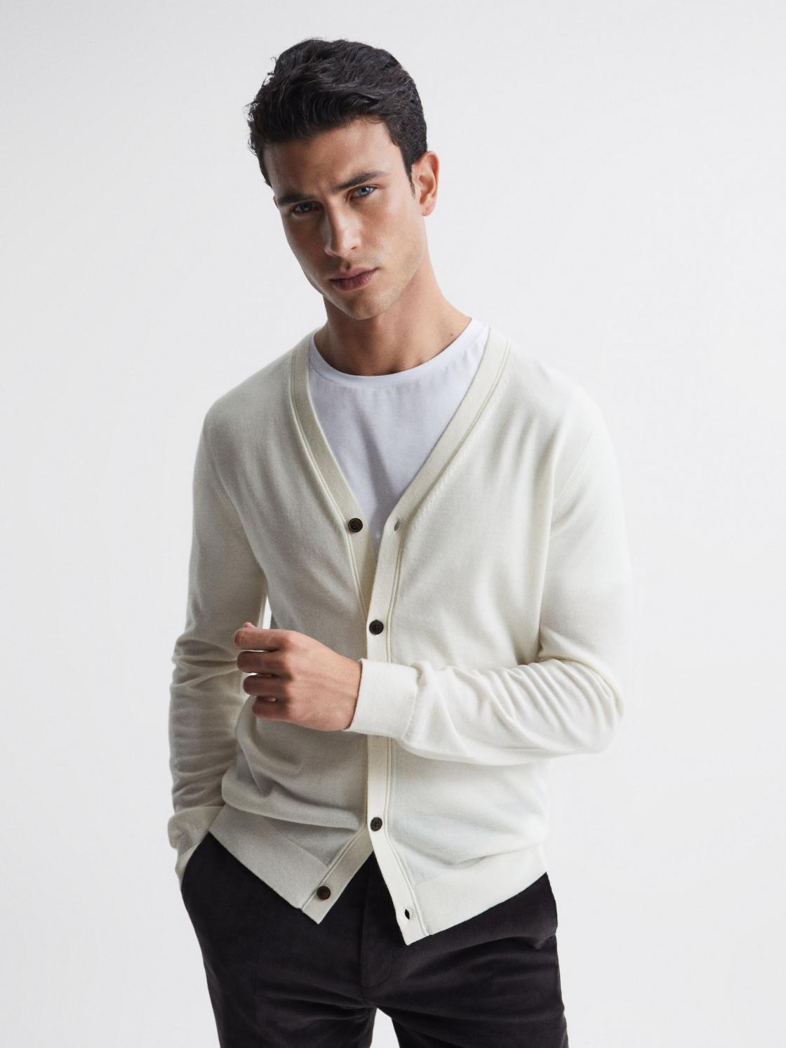 Reiss Knitwear | West Merino Wool Cardigan Blanco - Men