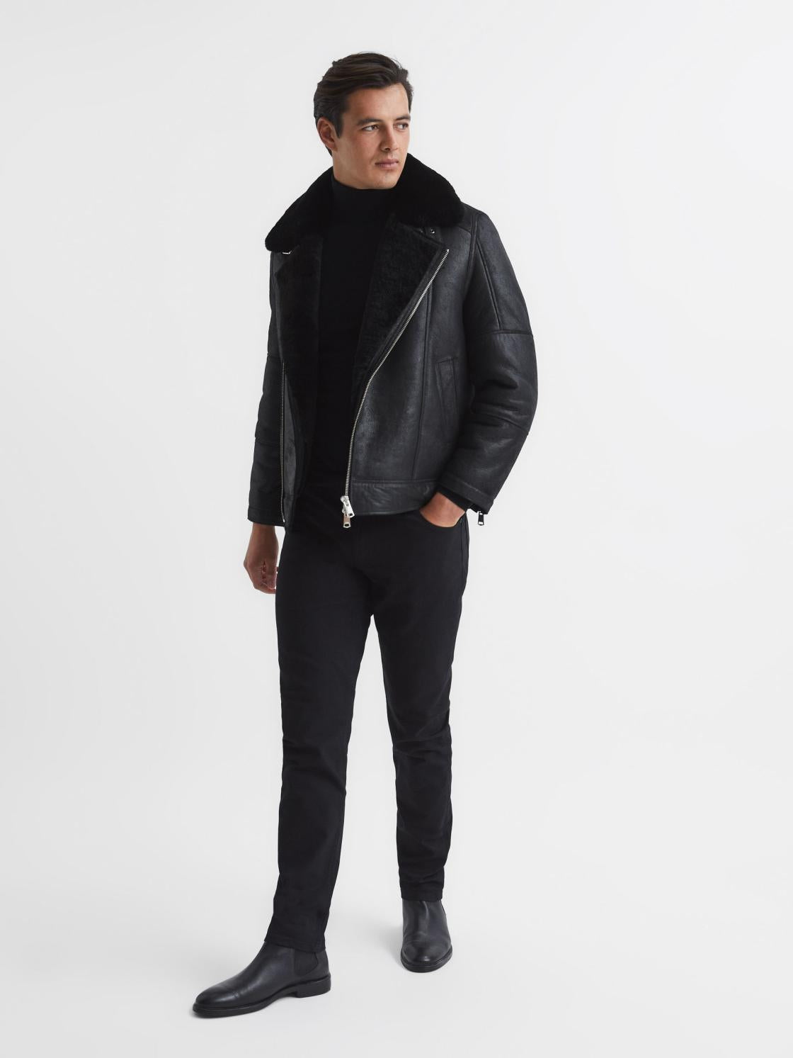 Reiss Leather Jackets | Aka Sherpa Suede Jacket Black - Men