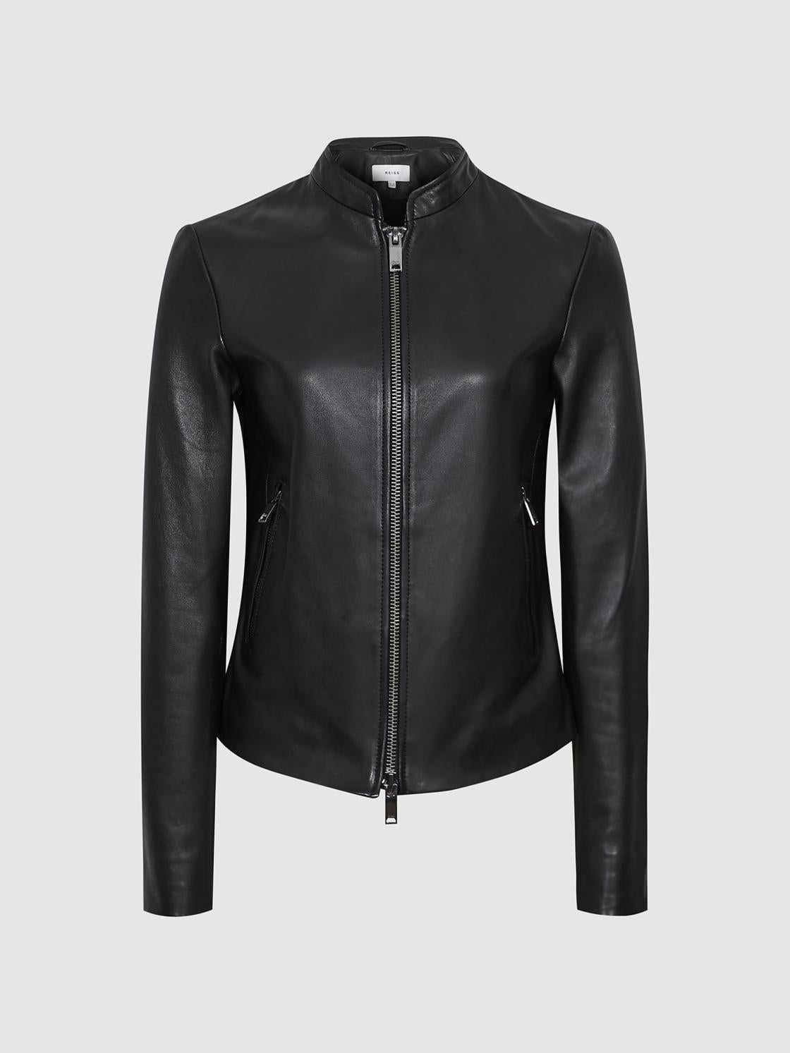 Reiss Leather Jackets | Allie Leather Collarless Biker Jacket Black - Women