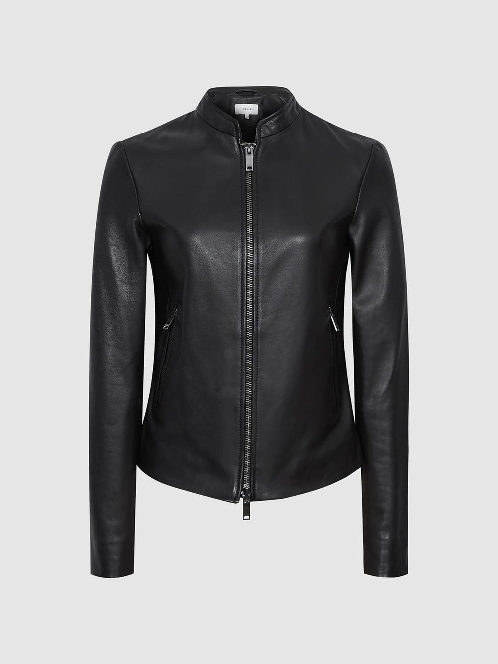 Reiss Leather Jackets | Allie Leather Collarless Biker Jacket Black - Women