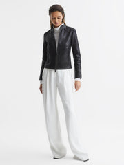 Reiss Leather Jackets | Allie Leather Collarless Biker Jacket Black - Women