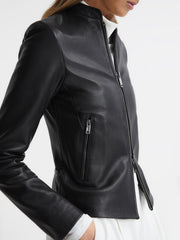 Reiss Leather Jackets | Allie Leather Collarless Biker Jacket Black - Women