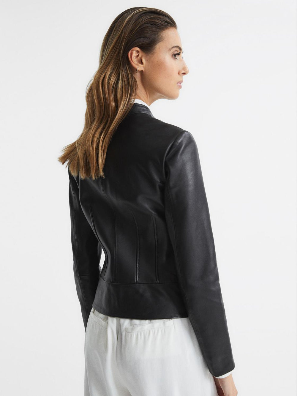 Reiss Leather Jackets | Allie Leather Collarless Biker Jacket Black - Women
