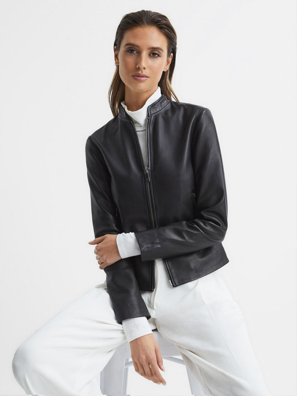 Reiss Leather Jackets | Allie Leather Collarless Biker Jacket Black - Women