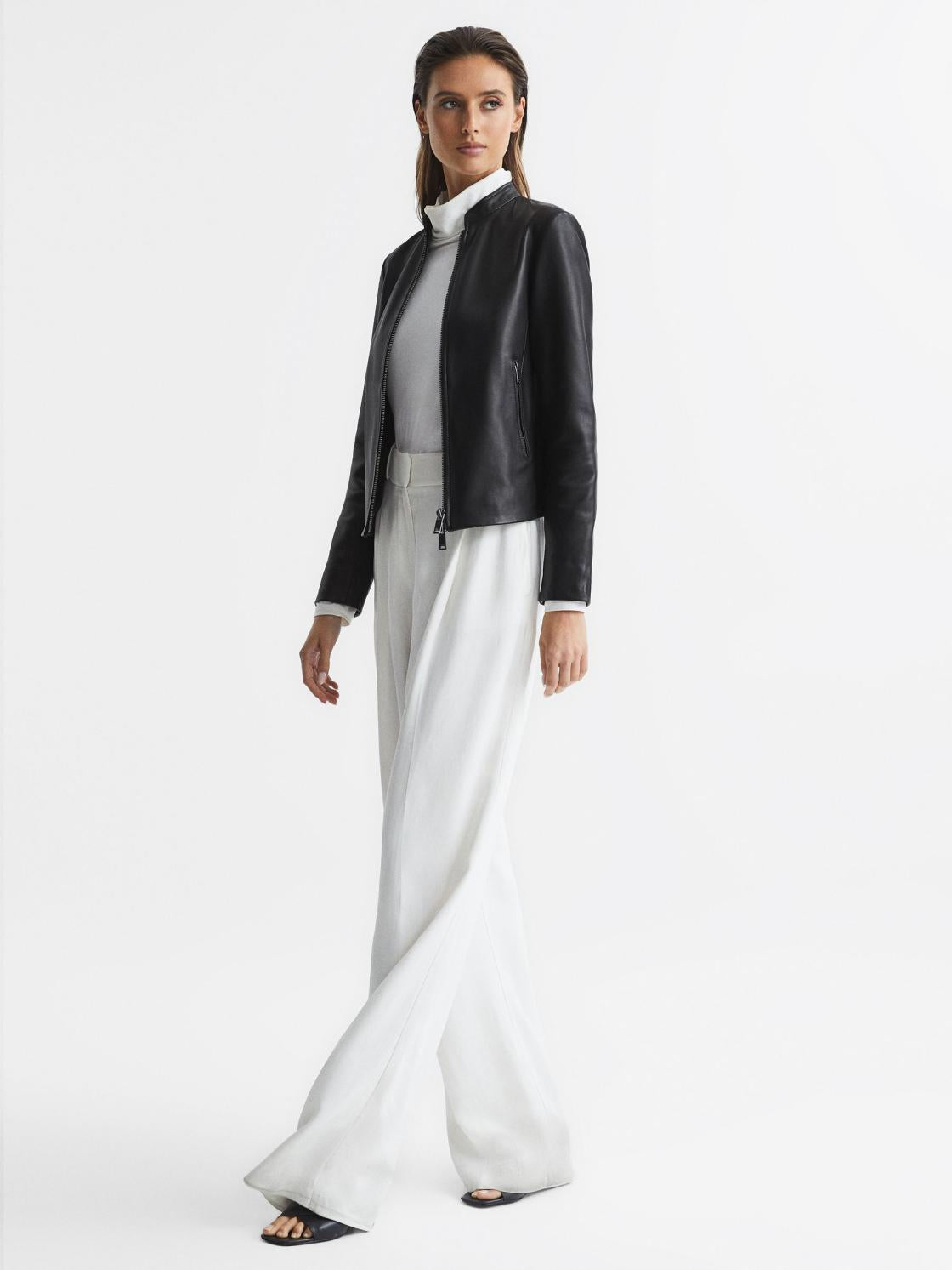 Reiss Leather Jackets | Allie Leather Collarless Biker Jacket Black - Women