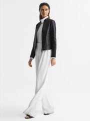 Reiss Leather Jackets | Allie Leather Collarless Biker Jacket Black - Women