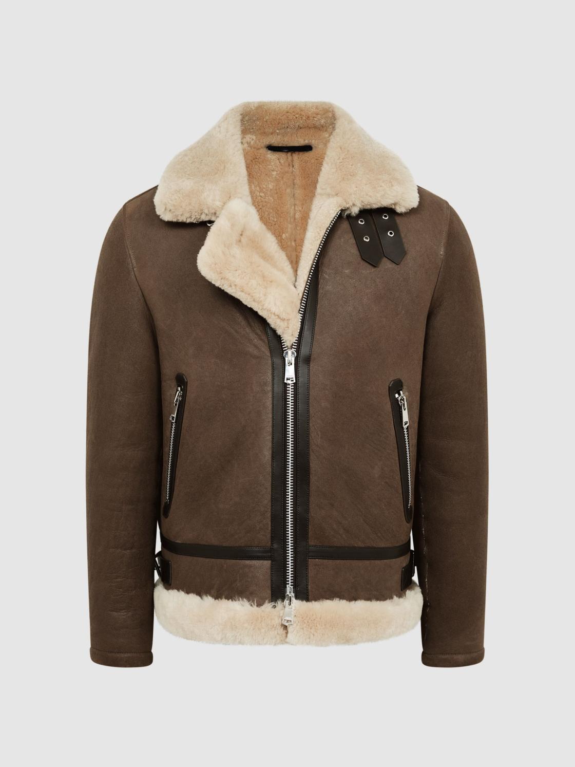 Reiss Leather Jackets | Hardy Shearling Double Buckle Jacket Brown - Men