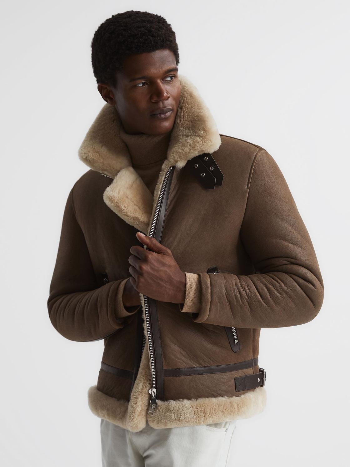 Reiss Leather Jackets | Hardy Shearling Double Buckle Jacket Brown - Men