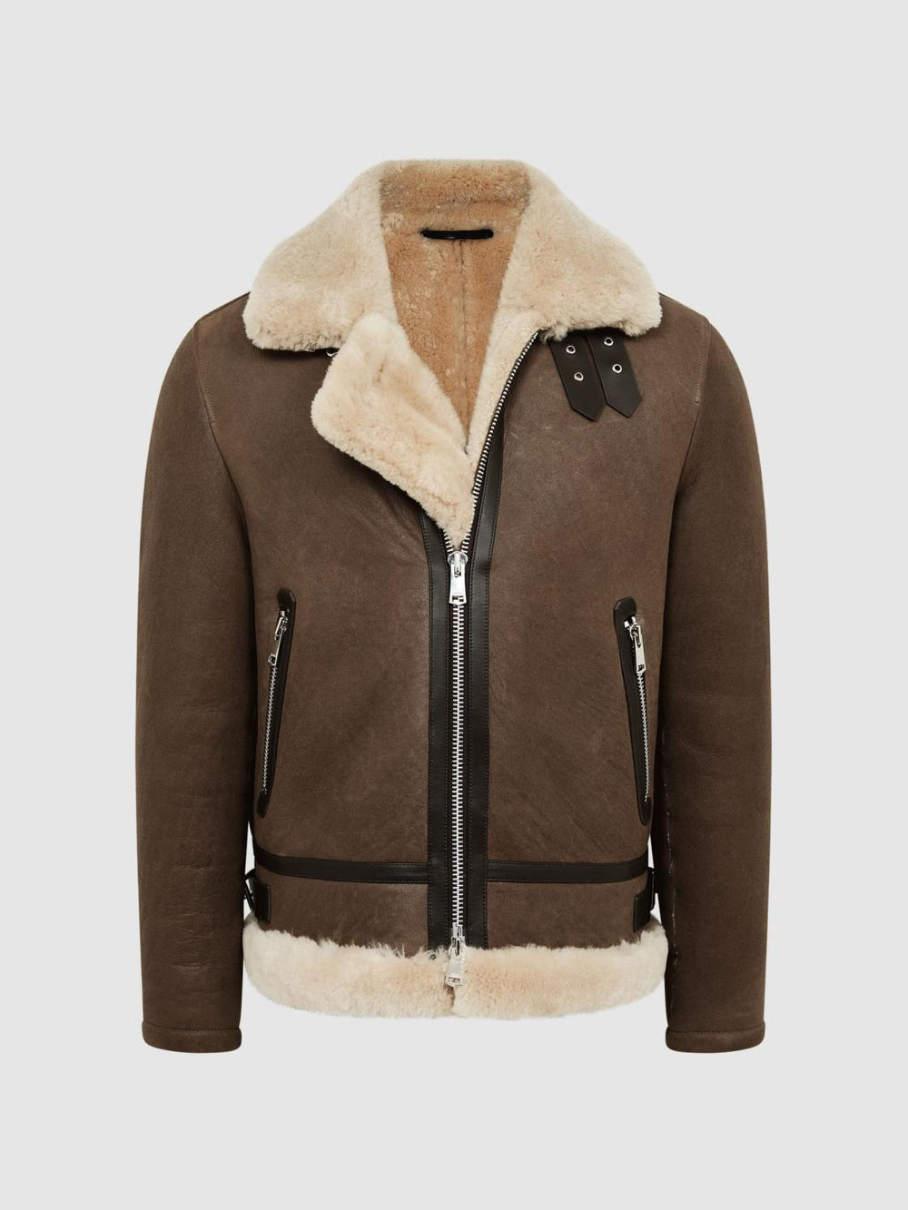 Reiss Leather Jackets | Hardy Shearling Double Buckle Jacket Brown - Men