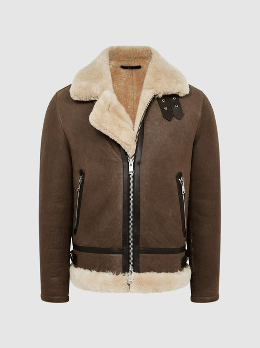 Reiss Leather Jackets | Hardy Shearling Double Buckle Jacket Brown - Men
