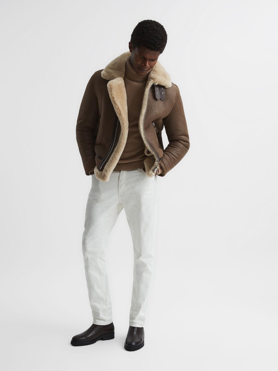 Reiss Leather Jackets | Hardy Shearling Double Buckle Jacket Brown - Men