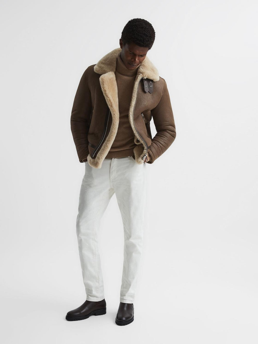 Reiss Leather Jackets | Hardy Shearling Double Buckle Jacket Brown - Men