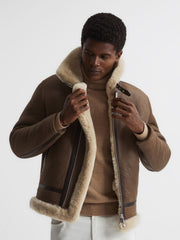 Reiss Leather Jackets | Hardy Shearling Double Buckle Jacket Brown - Men