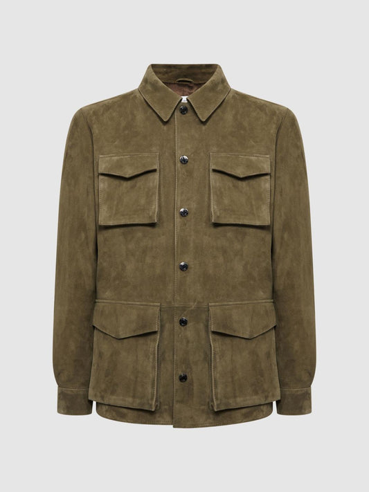 Reiss Leather Jackets | Mays Suede Long Sleeve Four Pocket Jacket Sage - Men