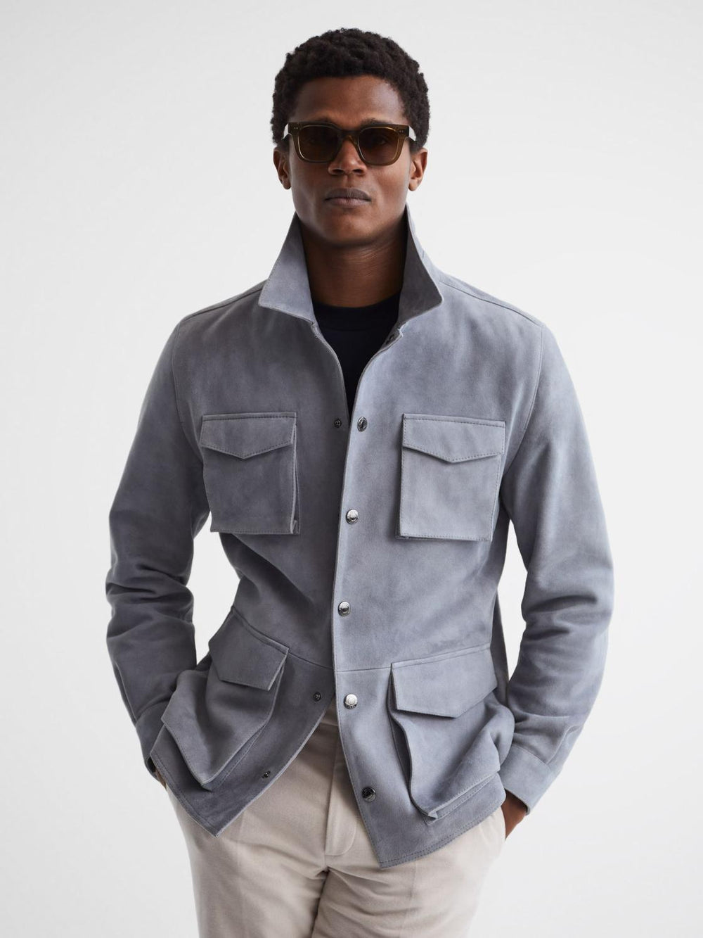 Reiss Leather Jackets | Mays Suede Long Sleeve Four Pocket Jacket Steel Blue - Men