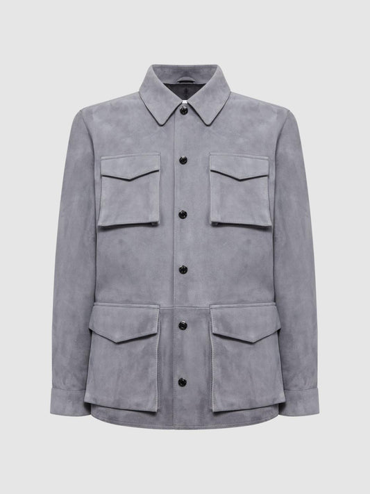 Reiss Leather Jackets | Mays Suede Long Sleeve Four Pocket Jacket Steel Blue - Men