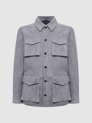 Reiss Leather Jackets | Mays Suede Long Sleeve Four Pocket Jacket Steel Blue - Men