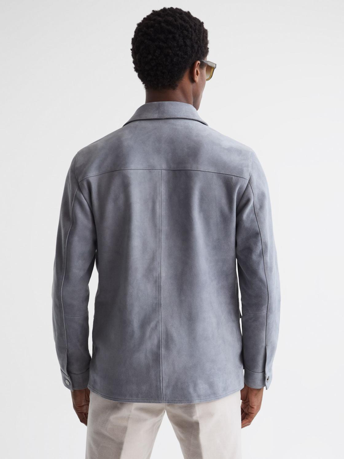 Reiss Leather Jackets | Mays Suede Long Sleeve Four Pocket Jacket Steel Blue - Men