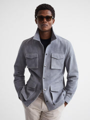 Reiss Leather Jackets | Mays Suede Long Sleeve Four Pocket Jacket Steel Blue - Men