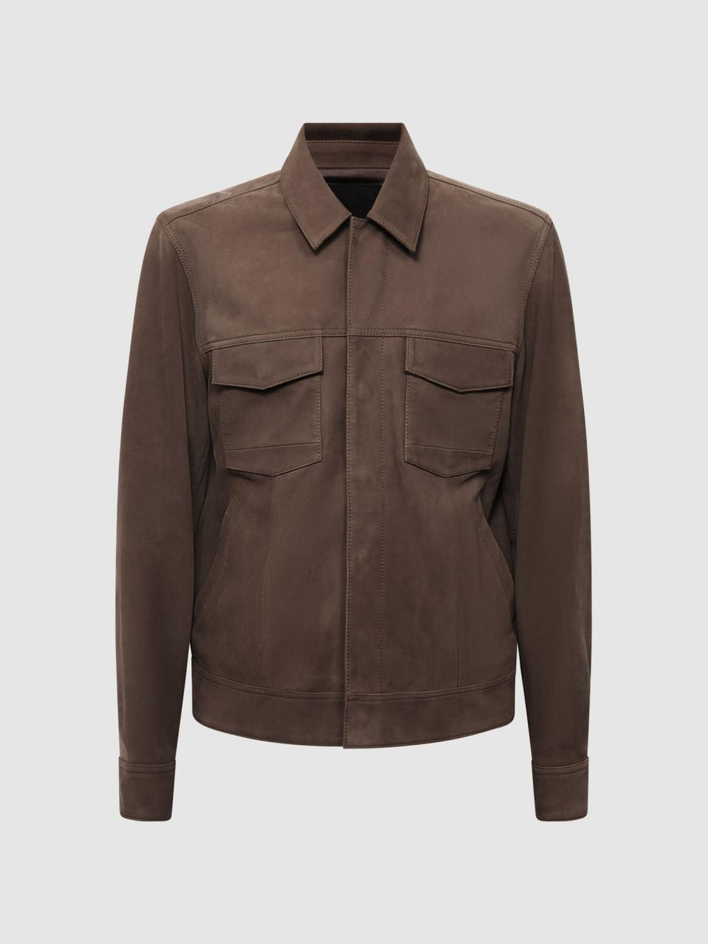 Reiss Leather Jackets | Pedro Paige Suede Long Sleeve Twin Pocket Jacket Espresso Bean - Men