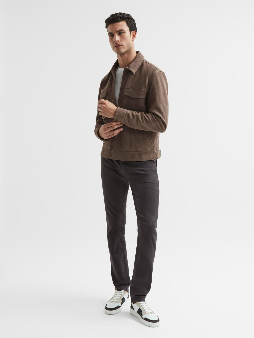 Reiss Leather Jackets | Pedro Paige Suede Long Sleeve Twin Pocket Jacket Espresso Bean - Men