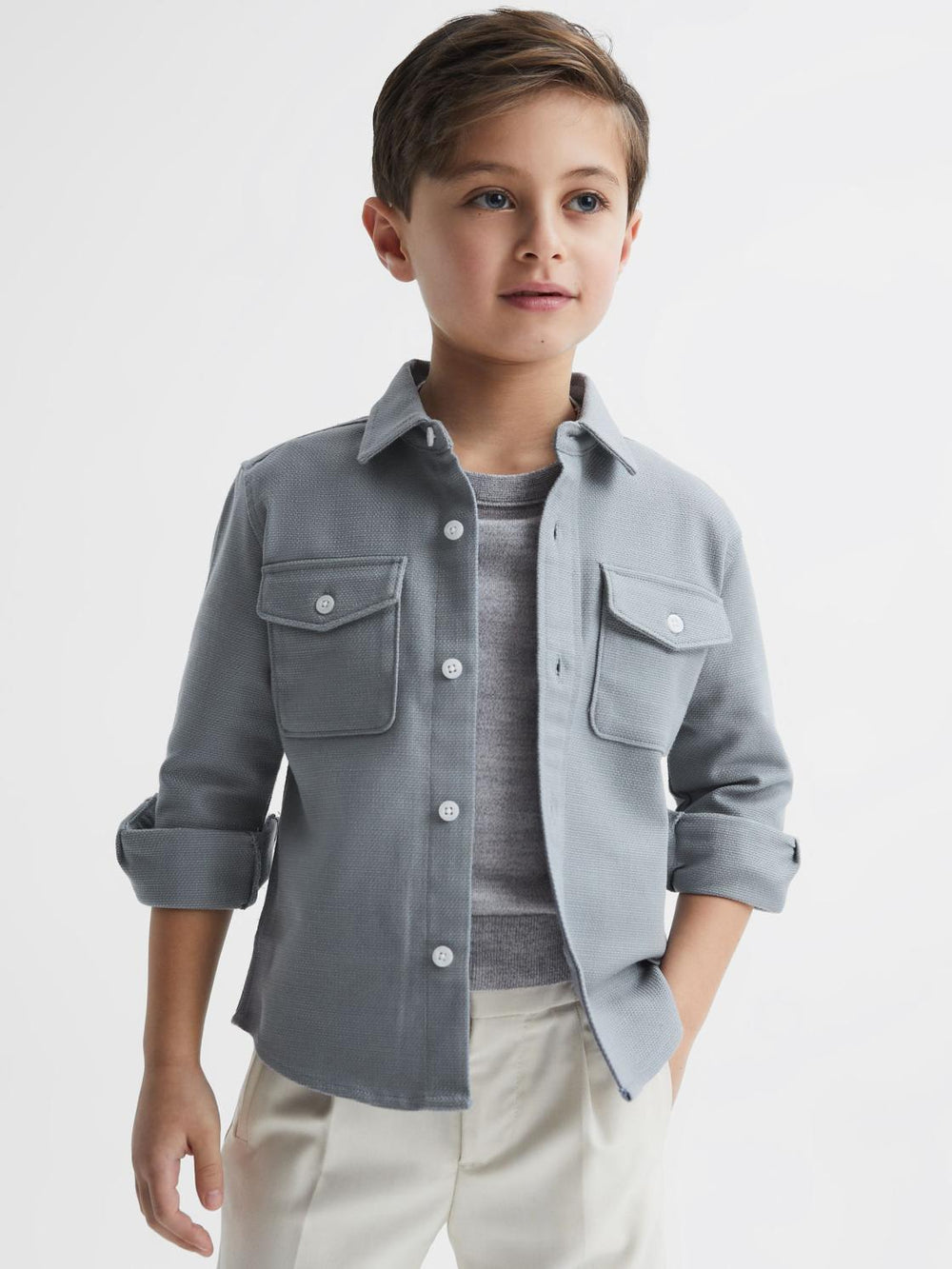 Reiss Overshirts | Carlo Long Sleeve Textured Overshirt Soft Blue - Children