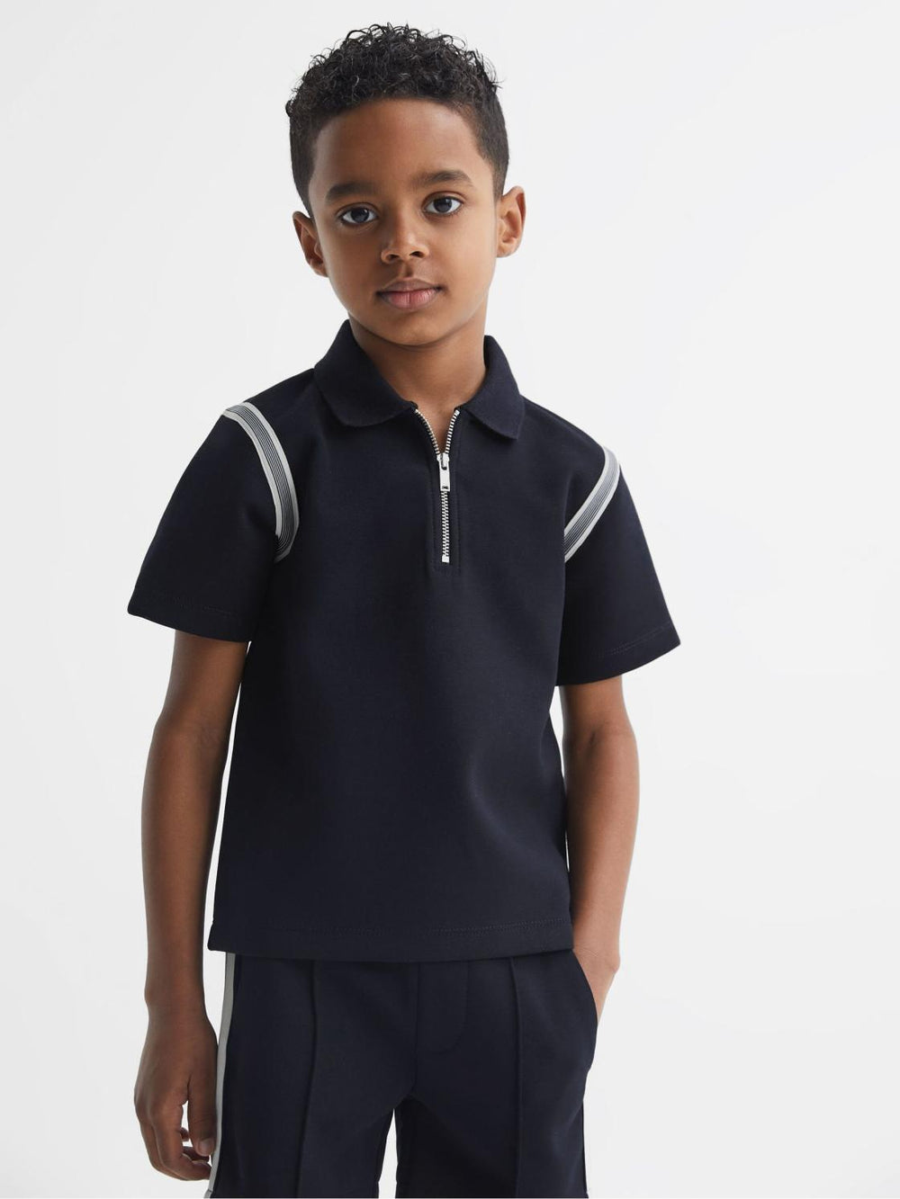 Reiss Polo Shirts | Monarch Half Zip Stripe Detail Polo Shirt Navy - Children