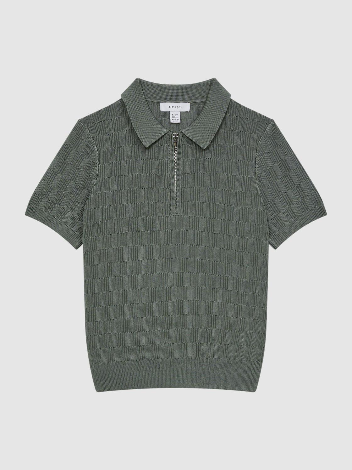 Reiss Polo Shirts | Ubud Half-Zip Textured Polo T-Shirt Green - Children