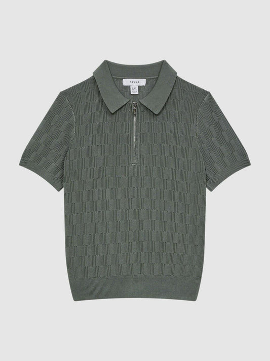 Reiss Polo Shirts | Ubud Half-Zip Textured Polo T-Shirt Green - Children