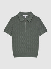 Reiss Polo Shirts | Ubud Half-Zip Textured Polo T-Shirt Green - Children