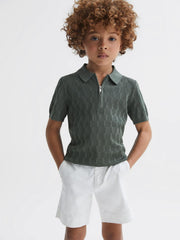 Reiss Polo Shirts | Ubud Half-Zip Textured Polo T-Shirt Green - Children